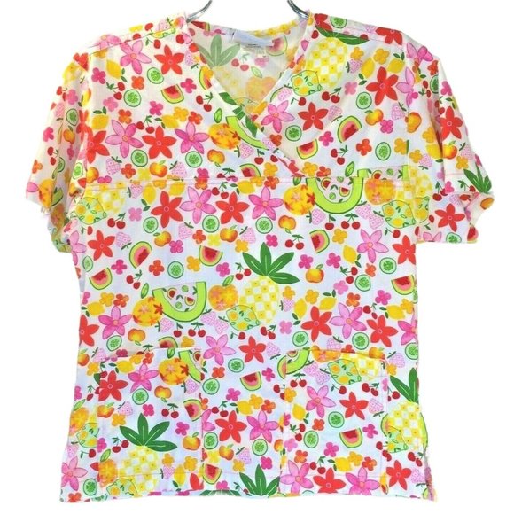 Scrub Peaches XS Women Fruit Flowers Bright Colors Medical Dental Vet Scrub - Picture 1 of 9